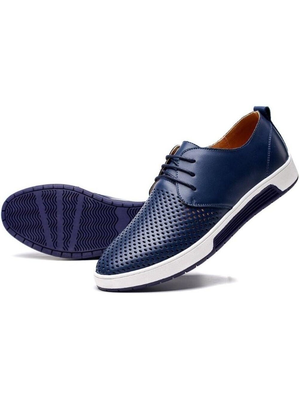 konhill Men's Lk Navy PU Leather Lightweight Breathable Lace Up Flat Sneakers
